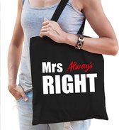 Mrs always right katoenen tas zwart met witte en roze letters - vrijgezellenfeest - tasje / shopper voor dames
