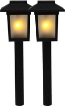 2x Tuinlamp zonne-energie fakkel / toorts met vlam effect 34,5 cm - sfeervolle tuinverlichting - prikker / lantaarn