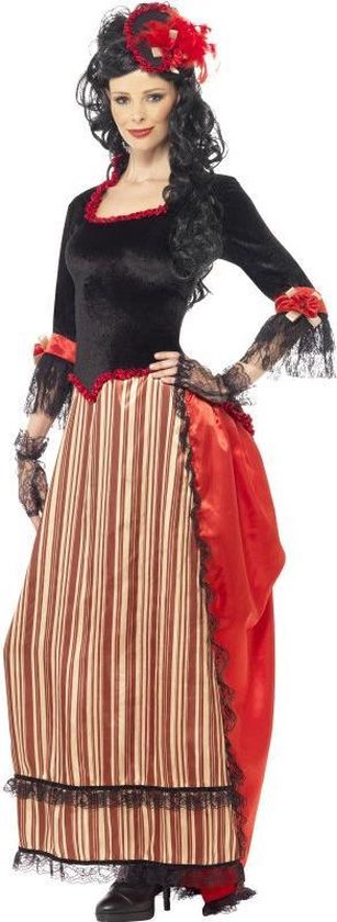 Saloon girl kostuum - Lange zwart -rode jurk en hoedje - Western  verkleedkleding dames... | bol.com