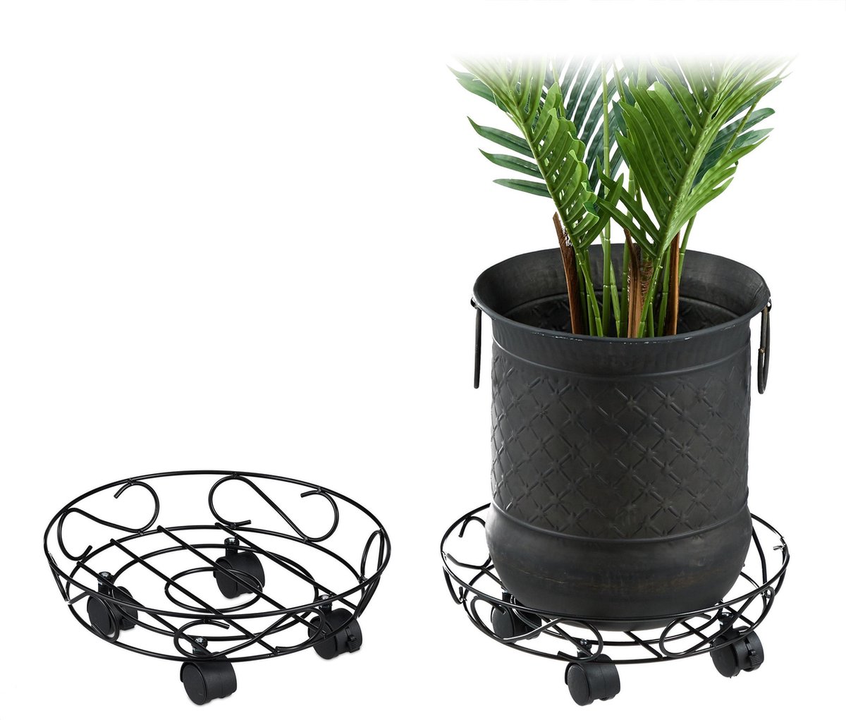 Relaxdays plantentrolley set van 2 plantenroller plantenonderzetter op wielen rond