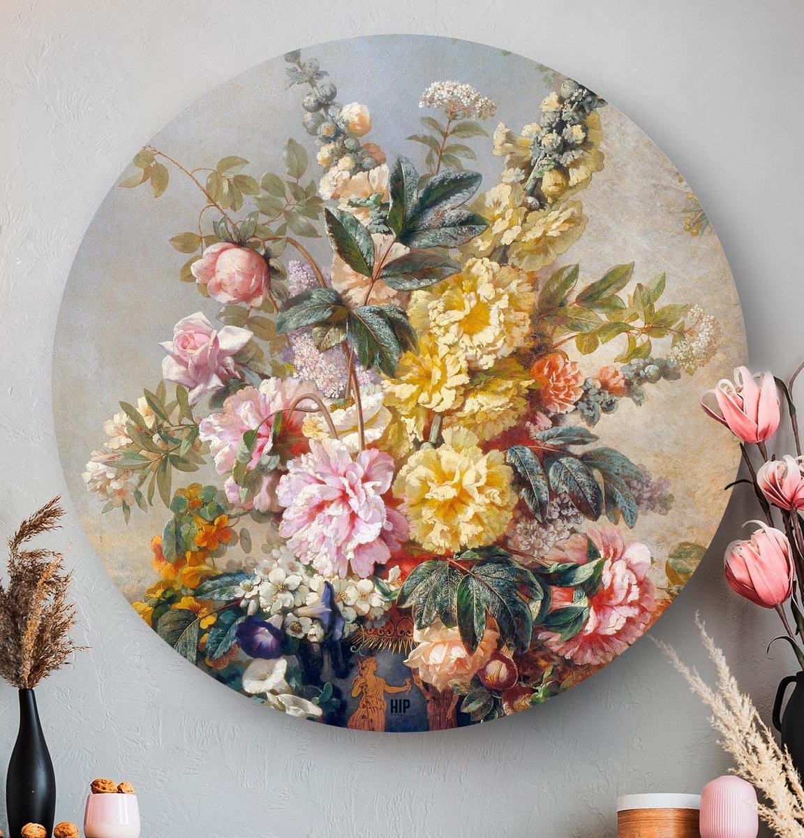 HIP ORGNL Schilderij Grote vaas met bloemen - ⌀60cm - Wandcirkel | bol.com