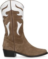 Manfield - Dames - Beige western boots met witte details - Maat 37