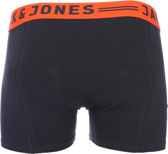 Navy boxer met feloranje tailleband met 'JACK & JONES' logo en zwarte strepen.