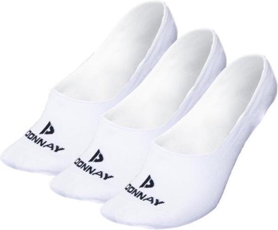 Drie witte Donnay footie sokken met zwart logo op de wreef.