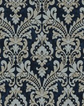 Barok behang Profhome VD219175-DI vliesbehang hardvinyl warmdruk in reliëf gestempeld met ornamenten glinsterend blauw goud lichtgrijs 5,33 m2