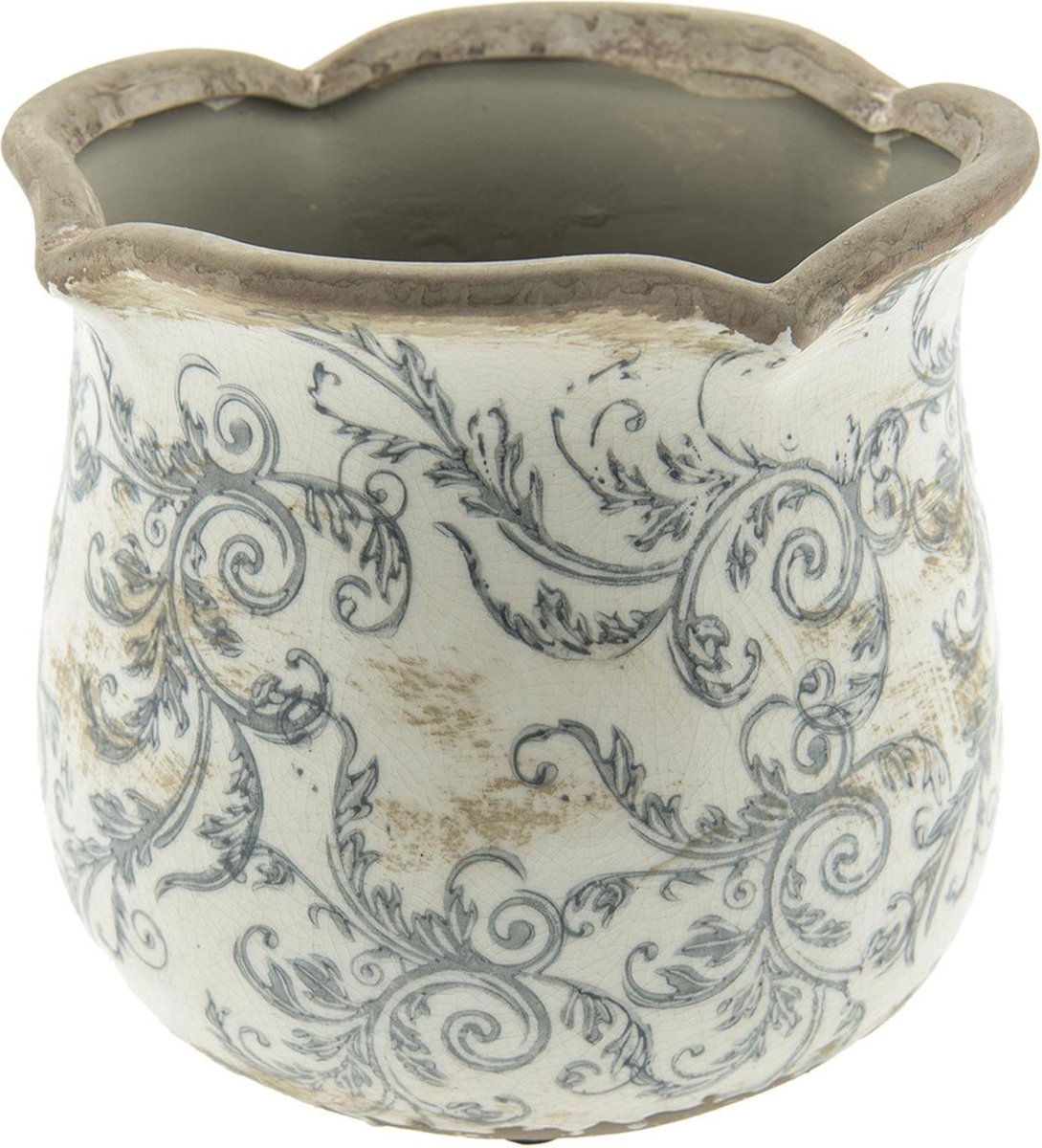 Keramiek Bloempot voor Binnen – Grijs Bloemen – Rustieke Pot – Ø 15 cm – Bloemenmotief