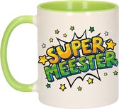 Super meester cadeau koffiemok / theebeker wit en groen met sterren - 300 ml - keramiek - cadeau / bedankje meester