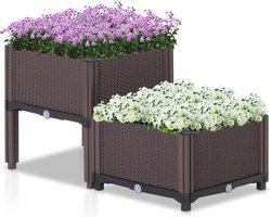 Set van 2 vierkante bloembak op poten - Plantenbak vierkant - Rattan look - 2 stuks - Bruin