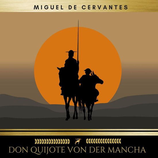 Silhouette de Don Quichotte et Sancho Panza à cheval sur fond de coucher de soleil. Titre : Don Quijote von der Mancha.