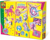 SES - Glitter unicorns - 3-in-1 eenhoorn set - strijkkralen met grondplaat, gips met verf + gietmal en glitterkaarten