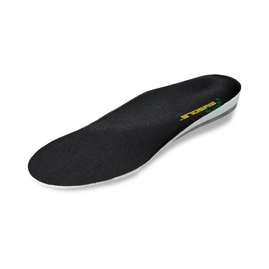 Semelle intérieure noire MYSOLE avec texte vert et jaune. La semelle a un contrefort de talon stable.