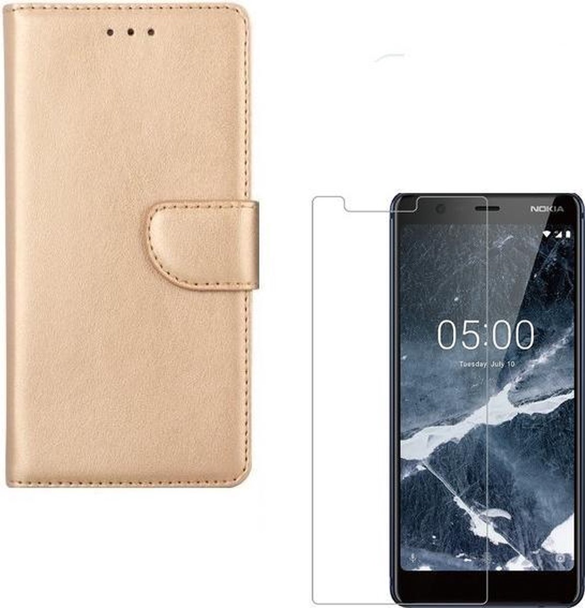 Hoesje Geschikt voor: Nokia 5.1 Portemonnee Goud met 2 stuks Glas Screen protector