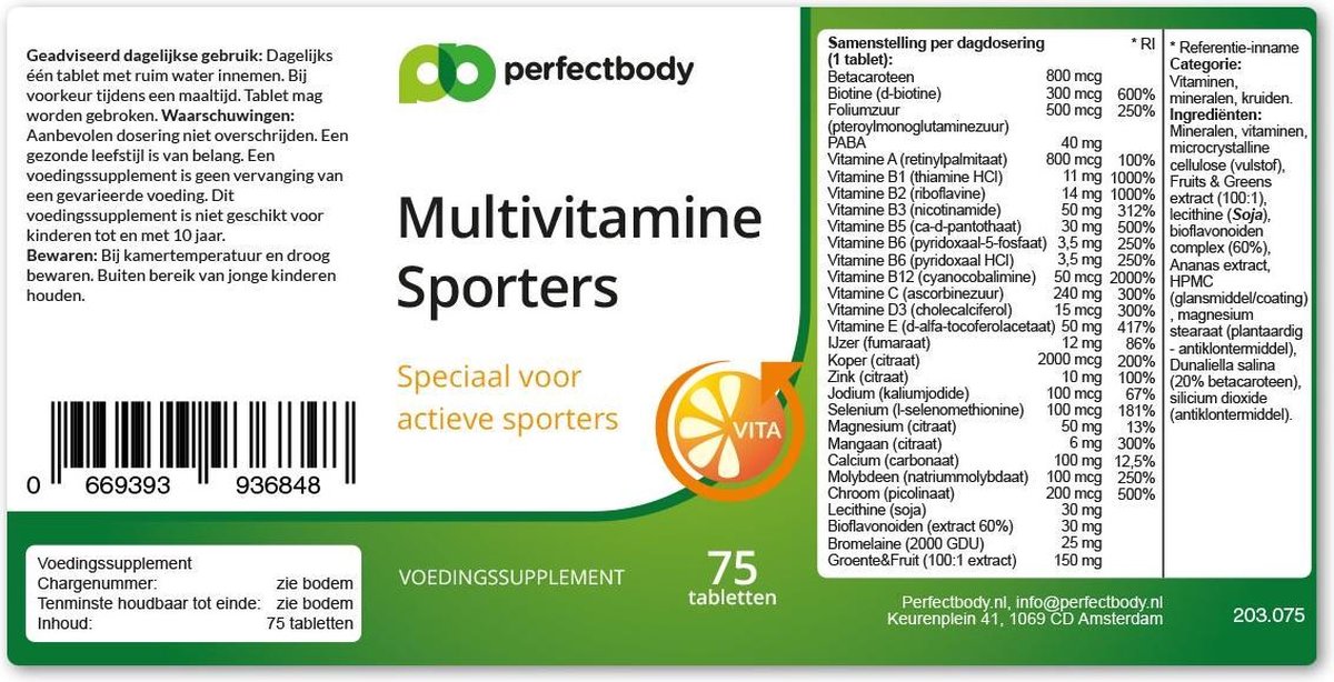 Multivitamine Sporters Tabletten PerfectBody Nl Bol Com