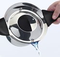 Een hand die een kookpan vasthoudt terwijl er water uit de rand gegoten wordt.