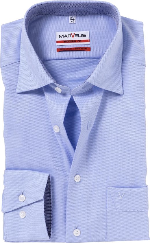 MARVELIS modern fit overhemd - lichtblauw structuur (contrast) - Strijkvrij - Boordmaat: 39