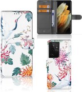 Telefoonhoesje Geschikt voor Samsung Galaxy S21 Ultra Wallet Bookcase Bird Flowers