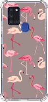 Hoesje met naam Geschikt voor Samsung Galaxy A21s Telefoonhoesje met doorzichtige rand Flamingo