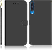 Voor Galaxy A50 geÃ¯miteerd spiegelend oppervlak Horizontaal flip lederen tas met houder & kaartsleuven & portemonnee en draagkoord (zwart)