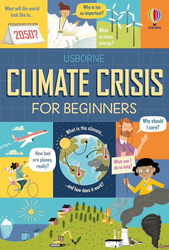 Geïllustreerde kaft van het boek Climate Crisis for Beginners met vragen over klimaatverandering en duurzame energie.