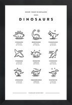 JUNIQE - Poster met houten lijst Dinosaurussoorten -13x18 /Wit & Zwart