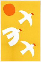 JUNIQE - Poster in kunststof lijst Flying Doves -30x45 /Geel