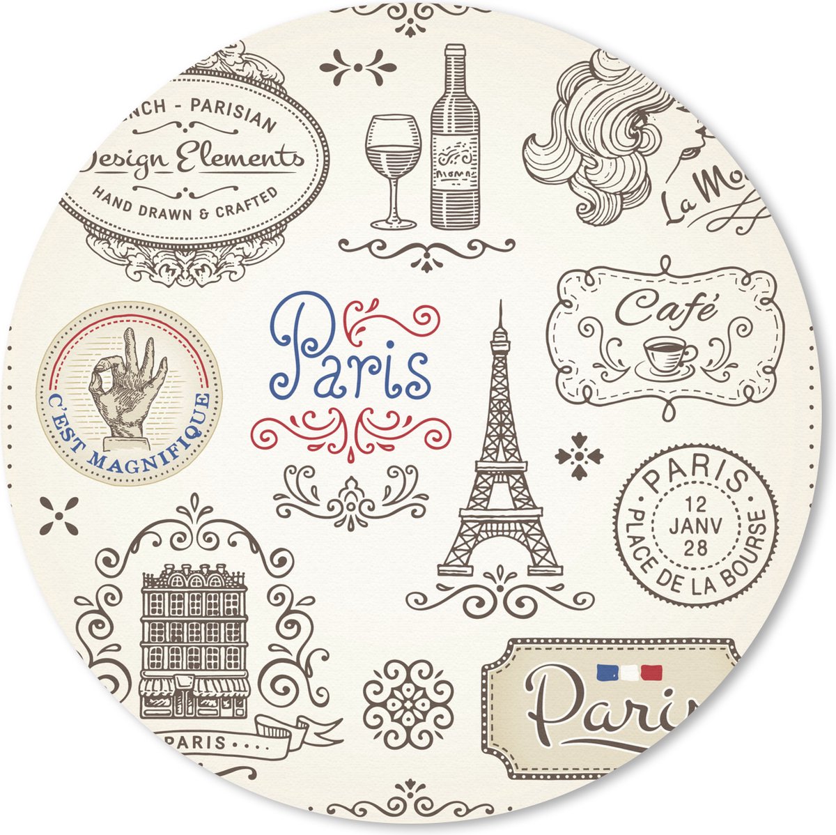 Muismat rond 30x30 cm - Mousepad Parijs - Tekening - Wijn - Ronde muismatten