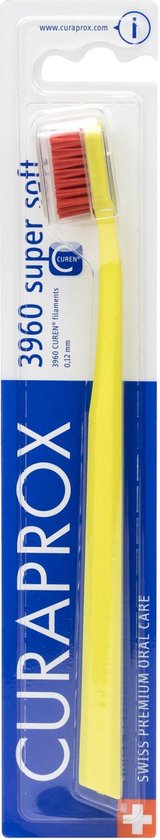 CURAPROX CS 3960 Super Soft tandenborstel in gele verpakking met gele tandenborstel en rode borstelharen.