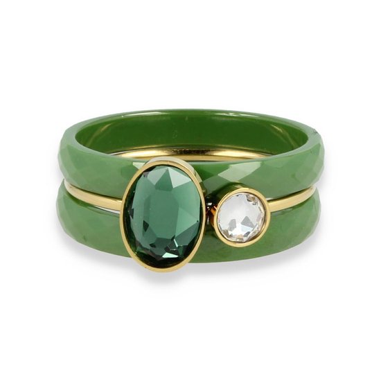 My Bendel - Set van groen keramiek met groene zirkonia en kristallen - Mooie ringenset van twee ringen van groene keramiek met een gouden groen witte zirkonia ring - Met luxe cadeauverpakking