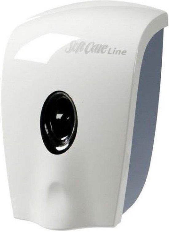Witte Soft Care Line zeepdispenser met een zwart kijkvenster.