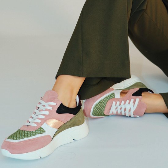 KUNOKA Ari khaki and pink - Sneakers Dames - maat 38 - Wit Roze Groen Zwart  | bol.com