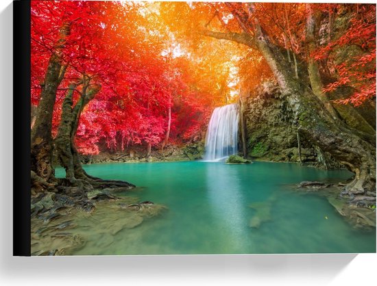 Canvas  - Waterval tussen Rode Bomen - 40x30cm Foto op Canvas Schilderij (Wanddecoratie op Canvas)