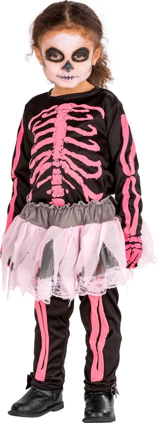 dressforfun - meisjeskostuum roze skelet 116 (5-7y) - verkleedkleding kostuum halloween verkleden feestkleding carnavalskleding carnaval feestkledij partykleding - 300101