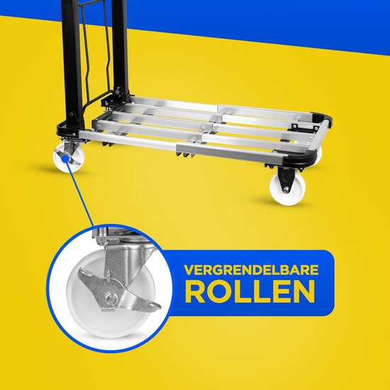 Close-up van een zwenkwiel van een zilveren steekwagen. Tekst: VERGRENDELBARE ROLLEN.