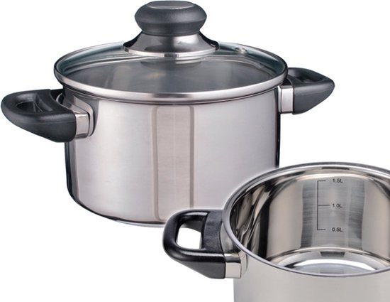 Roestvrijstalen kookpan van 16 cm met glazen deksel en handgrepen.