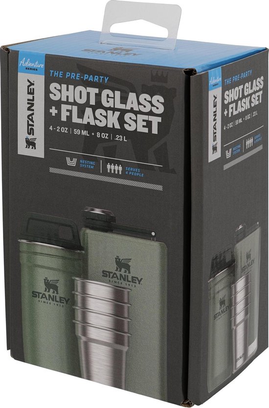 Stanley The Pre Party Shot Glass And Flask Set - Hammertone Lake - Set of  4-2OZ/59mL 8OZ / .23L