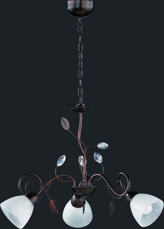 Trio Leuchten Kroonluchter 110700328 Traditio, metaal roestkleurig antiek, glas in wit, excl. 3 x E14, 70 x 70 x 150 cm