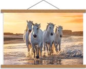 Schoolplaat – Witte Andalusiër Paarden op het Strand   - 60x40cm Foto op Textielposter (Wanddecoratie op Schoolplaat)