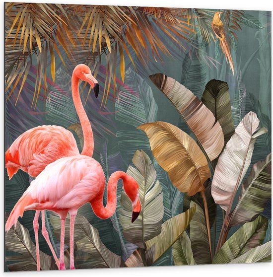 Dibond - Foto van Flamingo's tussen de Bladeren - 100x100cm Foto op Aluminium (Wanddecoratie van metaal)
