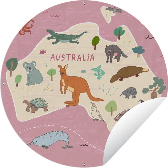 Tuincirkel Dieren - Wereldkaart kinderen - Australië - Meisjes - Meiden - Kids - 60x60 cm - Ronde Tuinposter - Buiten