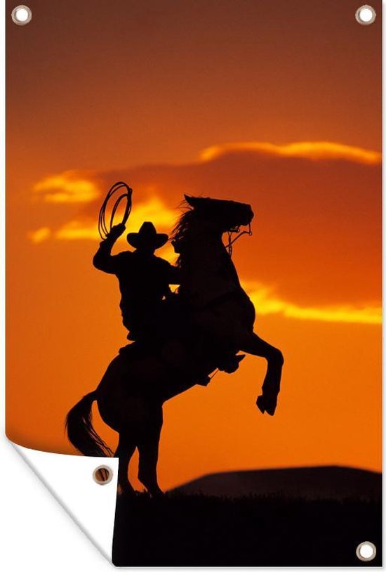 welvaart Koopje werk Tuinposters buiten Silhouet van cowboy op paard die steigert - 60x90 cm |  bol.com
