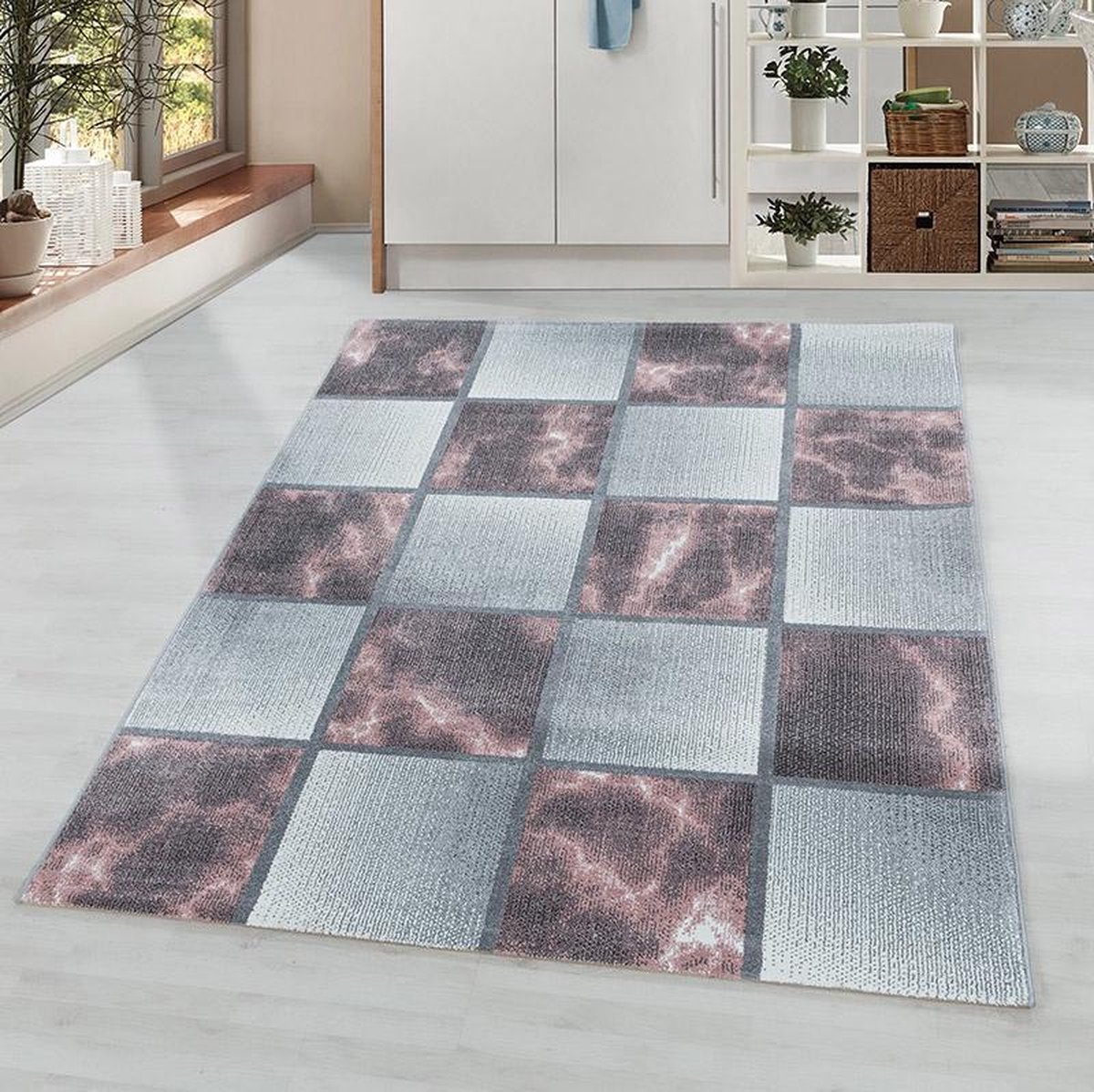 Kortpolig vloerkleed, geruit patroon, roze, woonkamerkleed, jute achterkant, afmeting: 140 x 200 cm