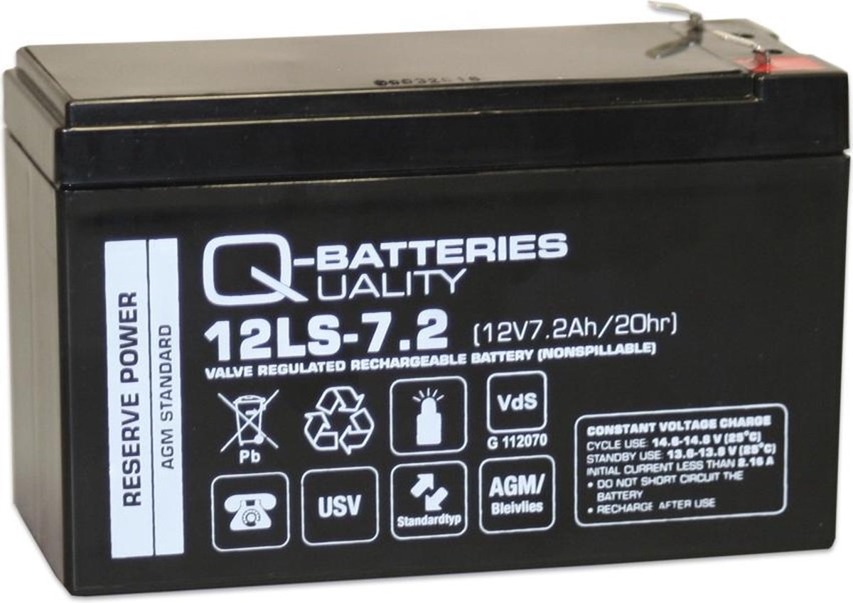 Q-Batteries 12LS-7.2 F2 12V 7.2 Ah Lead Non Spillable Accu/AGM VRLA Met VdS 4250889610173