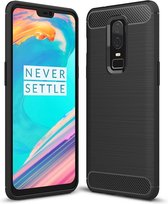 Voor OnePlus 6 geborstelde textuur Koolstofvezel schokbestendig TPU beschermhoes (zwart)