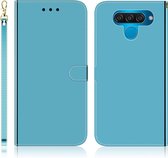 Voor LG Q60 geÃ¯miteerd spiegelend oppervlak horizontale flip lederen tas met houder & kaartsleuven & portemonnee & lanyard (blauw)