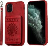 Voor iPhone 11 Zonnebloem-reliëfpatroon PU + TPU-hoesje met houder en kaartsleuven en fotolijst en draagkoord (rood)