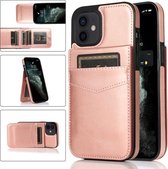 Effen kleur pc + TPU beschermhoes met houder en kaartsleuven voor iPhone 12 mini (roségoud)