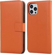 Vlakke structuur rundleer horizontale flip case met magnetische sluiting & houder & kaartsleuven & portemonnee voor iPhone 12/12 Pro (oranje)