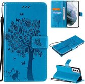 Voor Samsung Galaxy S21 + 5G Tree & Cat Pattern Pressed Printing Horizontale Flip PU Leather Case met houder & kaartsleuven & portemonnee & Lanyard (blauw)