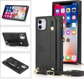 Voor iPhone 11 polsband PU + TPU schokbestendige beschermhoes met crossbody lanyard & houder & kaartsleuf (zwart)