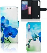 Telefoonhoesje Xiaomi Mi A3 Wallet Book Case met foto Orchidee Blauw Valentijn Cadeautje Vrouw